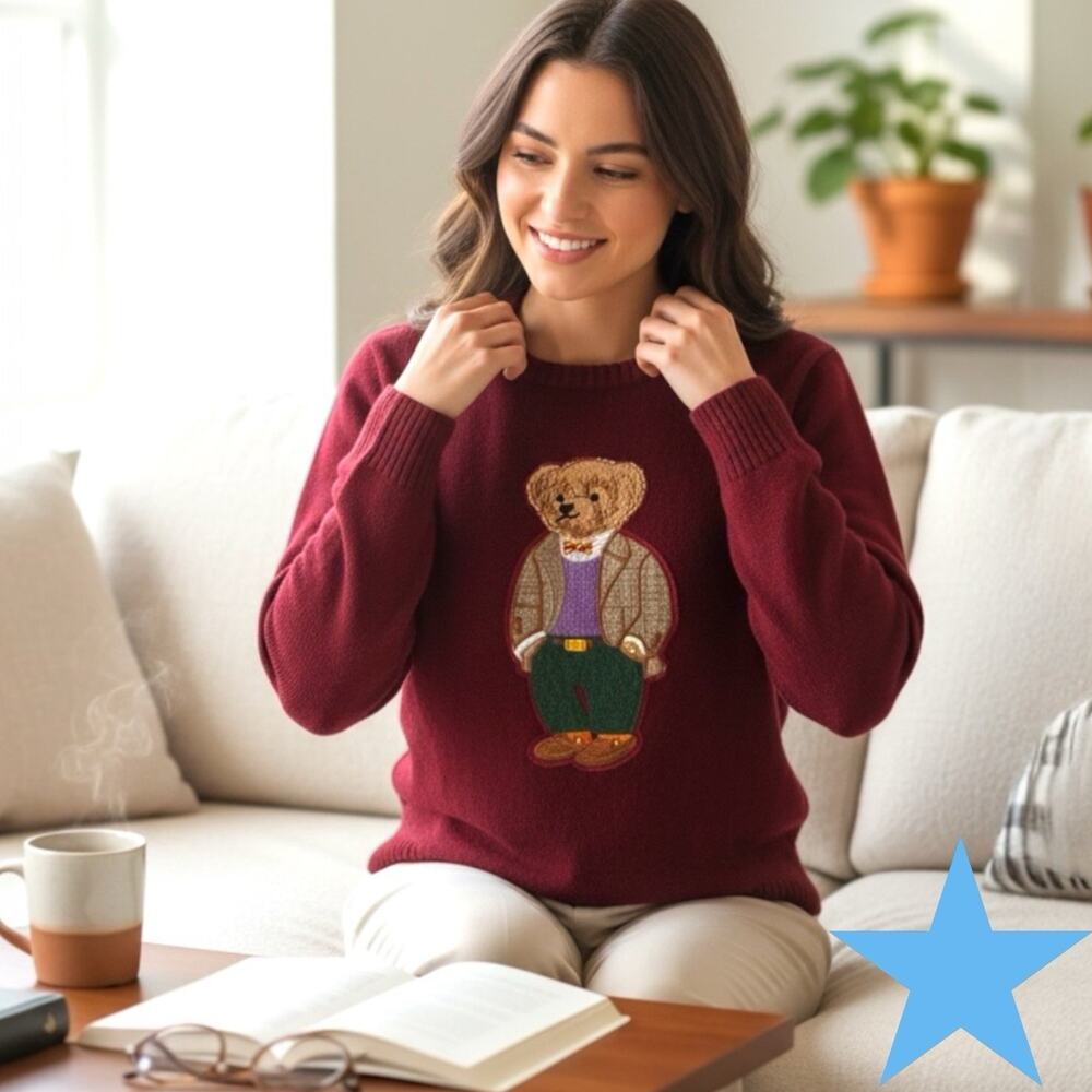 Well Dressed Bear Appliqué Burgundy Wine Red Acrylic Sweater M Women’s